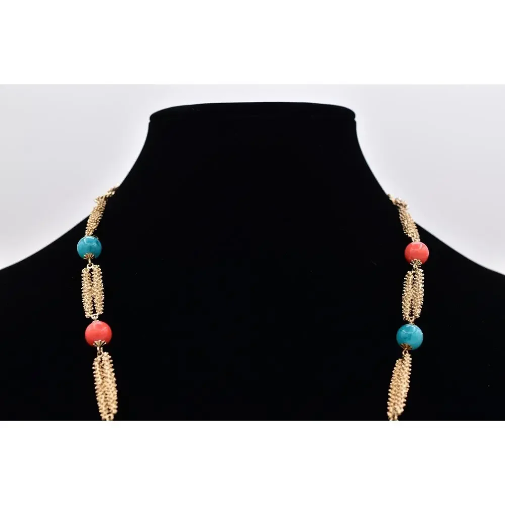 Vintage Cabochon Pendant Necklace Beaded Multi-Color Brushed Gold 1970s BinBM